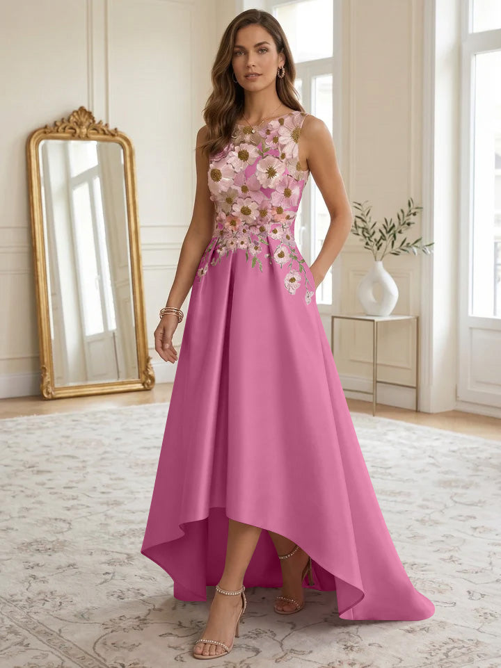 A-Line/Princess Scoop Satin Cocktail Dresses Asymmetrical Floor-Length Sleeveless Floral Lace Embroidery Formal Dresses