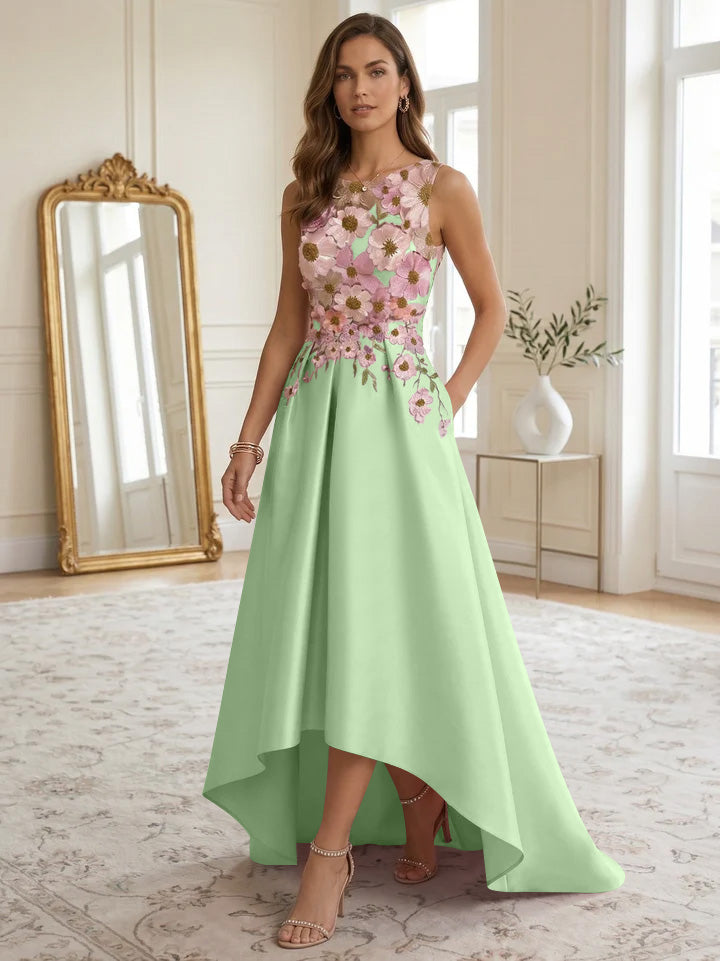 A-Line/Princess Scoop Satin Cocktail Dresses Asymmetrical Floor-Length Sleeveless Floral Lace Embroidery Formal Dresses