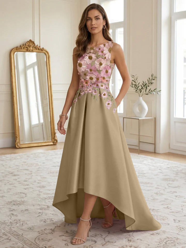 A-Line/Princess Scoop Satin Cocktail Dresses Asymmetrical Floor-Length Sleeveless Floral Lace Embroidery Formal Dresses