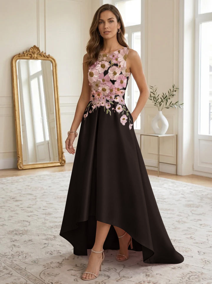 A-Line/Princess Scoop Satin Cocktail Dresses Asymmetrical Floor-Length Sleeveless Floral Lace Embroidery Formal Dresses