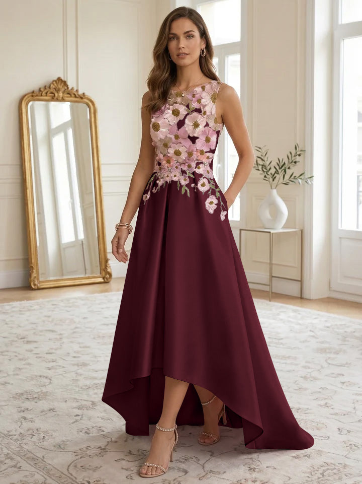 A-Line/Princess Scoop Satin Cocktail Dresses Asymmetrical Floor-Length Sleeveless Floral Lace Embroidery Formal Dresses