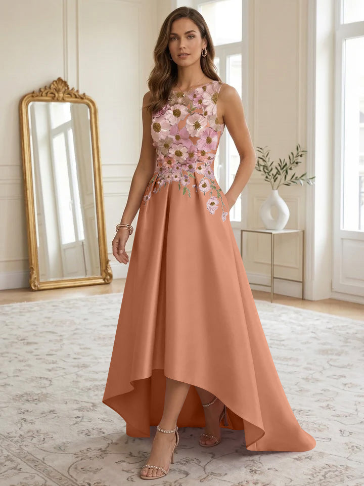 A-Line/Princess Scoop Satin Cocktail Dresses Asymmetrical Floor-Length Sleeveless Floral Lace Embroidery Formal Dresses