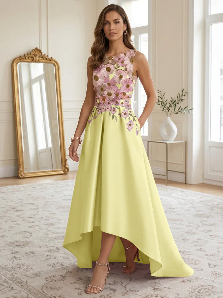 A-Line/Princess Scoop Satin Cocktail Dresses Asymmetrical Floor-Length Sleeveless Floral Lace Embroidery Formal Dresses