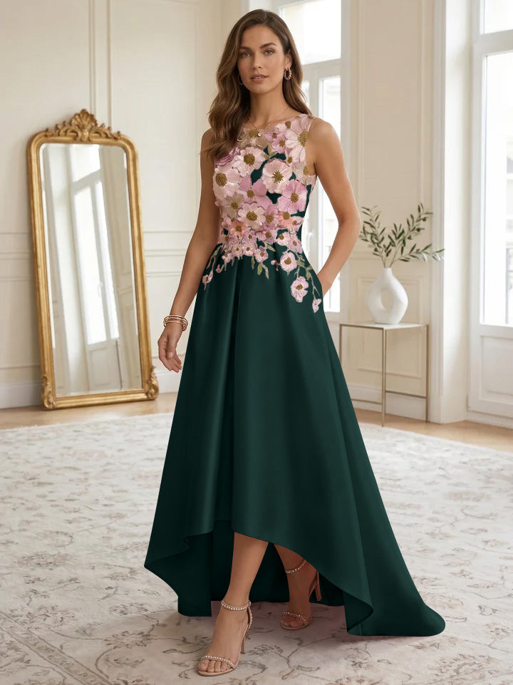 A-Line/Princess Scoop Satin Cocktail Dresses Asymmetrical Floor-Length Sleeveless Floral Lace Embroidery Formal Dresses