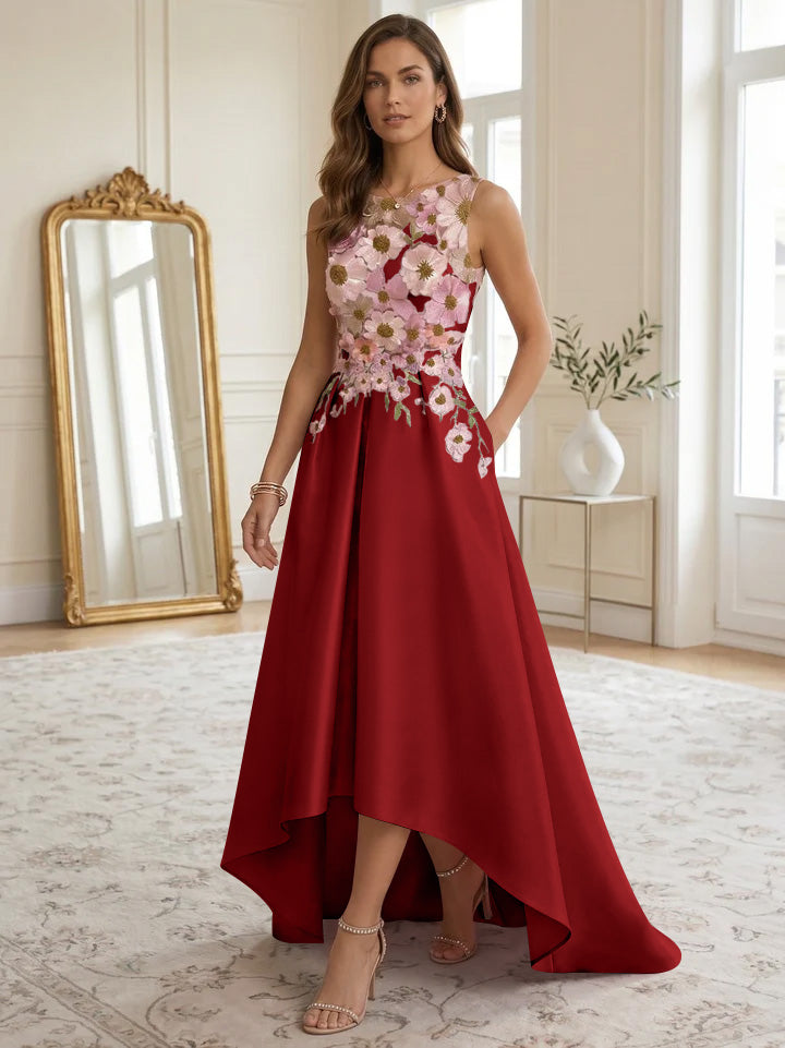 A-Line/Princess Scoop Satin Cocktail Dresses Asymmetrical Floor-Length Sleeveless Floral Lace Embroidery Formal Dresses