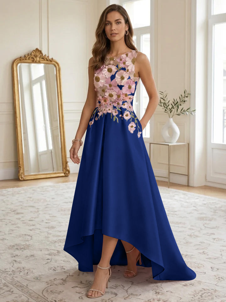 A-Line/Princess Scoop Satin Cocktail Dresses Asymmetrical Floor-Length Sleeveless Floral Lace Embroidery Formal Dresses