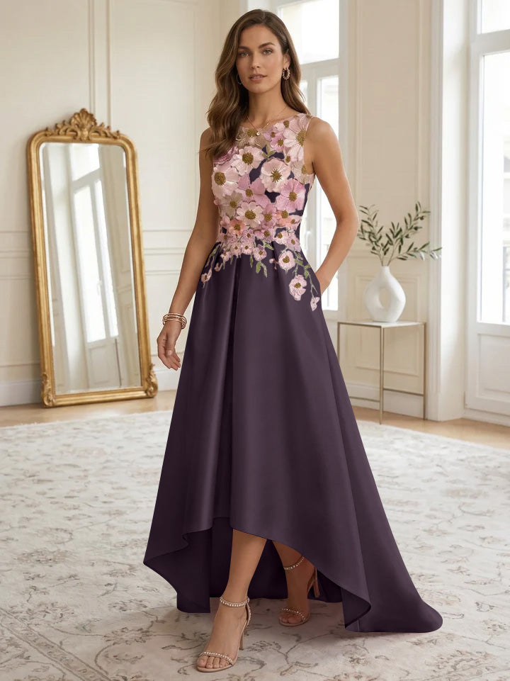 A-Line/Princess Scoop Satin Cocktail Dresses Asymmetrical Floor-Length Sleeveless Floral Lace Embroidery Formal Dresses
