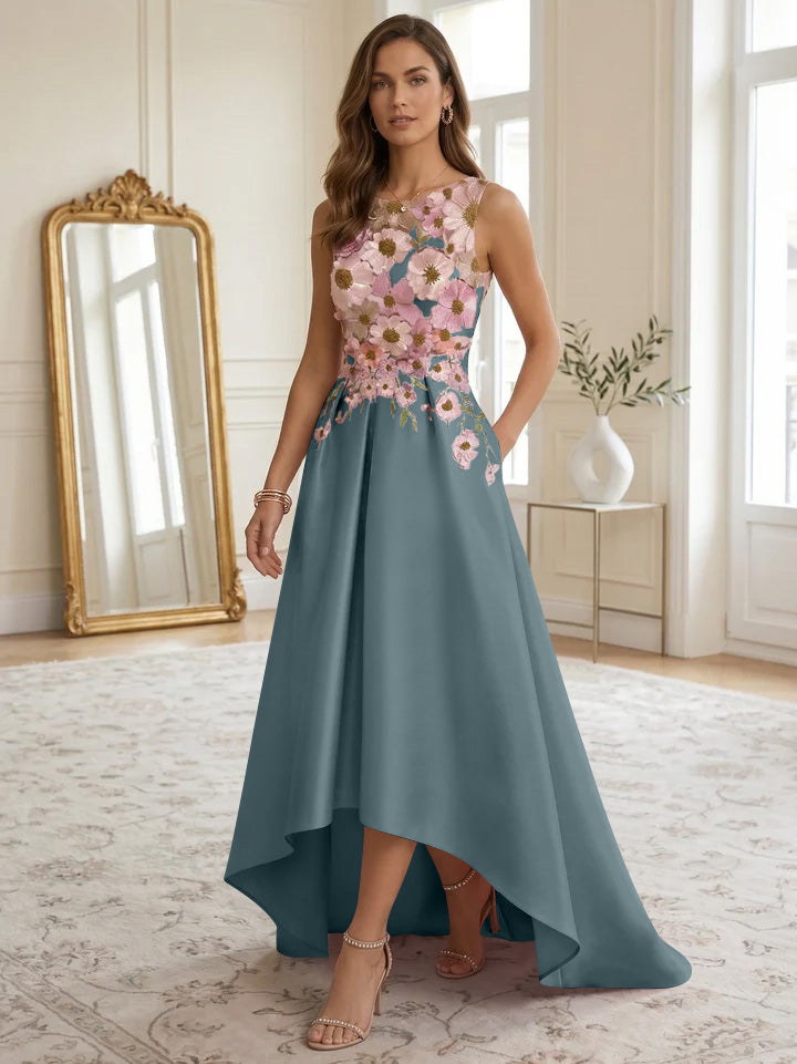 A-Line/Princess Scoop Satin Cocktail Dresses Asymmetrical Floor-Length Sleeveless Floral Lace Embroidery Formal Dresses