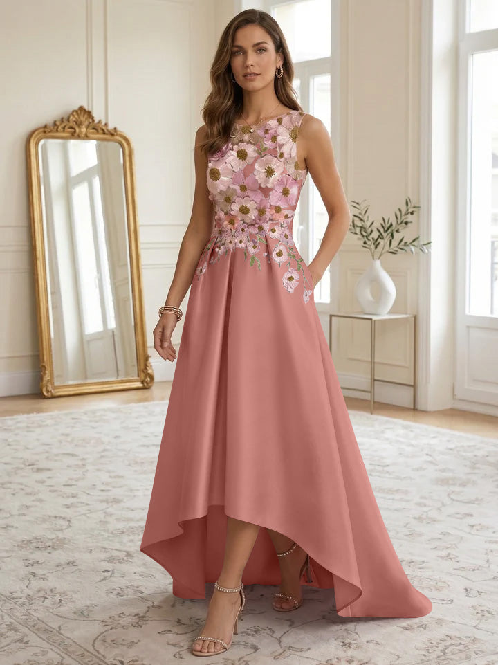 A-Line/Princess Scoop Satin Cocktail Dresses Asymmetrical Floor-Length Sleeveless Floral Lace Embroidery Formal Dresses