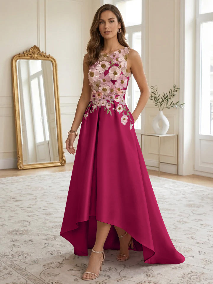 A-Line/Princess Scoop Satin Cocktail Dresses Asymmetrical Floor-Length Sleeveless Floral Lace Embroidery Formal Dresses