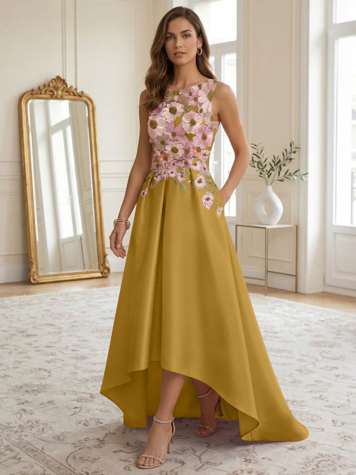 A-Line/Princess Scoop Satin Cocktail Dresses Asymmetrical Floor-Length Sleeveless Floral Lace Embroidery Formal Dresses