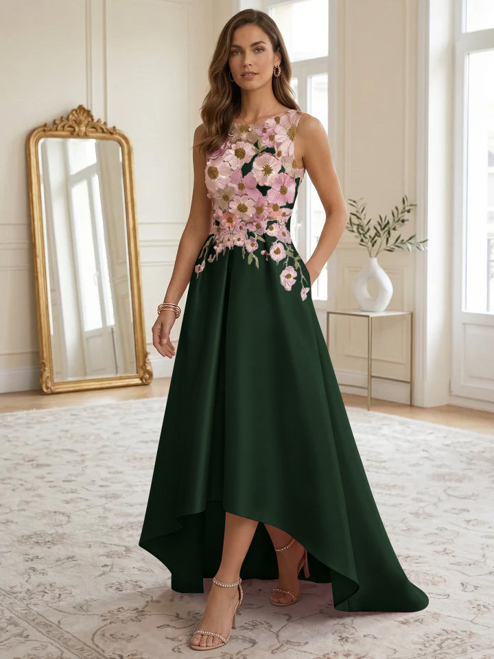 A-Line/Princess Scoop Satin Cocktail Dresses Asymmetrical Floor-Length Sleeveless Floral Lace Embroidery Formal Dresses