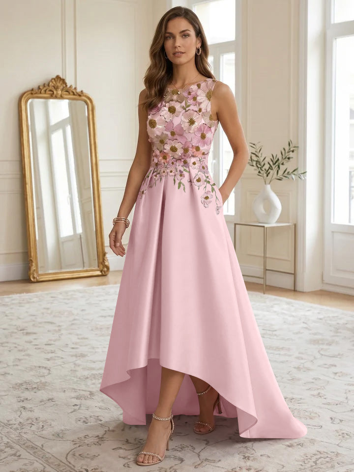A-Line/Princess Scoop Satin Cocktail Dresses Asymmetrical Floor-Length Sleeveless Floral Lace Embroidery Formal Dresses
