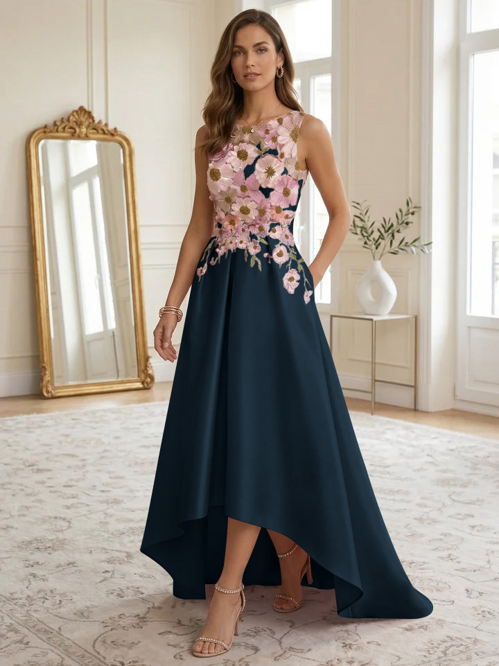 A-Line/Princess Scoop Satin Cocktail Dresses Asymmetrical Floor-Length Sleeveless Floral Lace Embroidery Formal Dresses