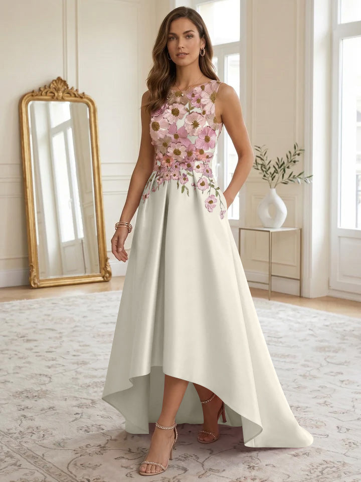 A-Line/Princess Scoop Satin Cocktail Dresses Asymmetrical Floor-Length Sleeveless Floral Lace Embroidery Formal Dresses
