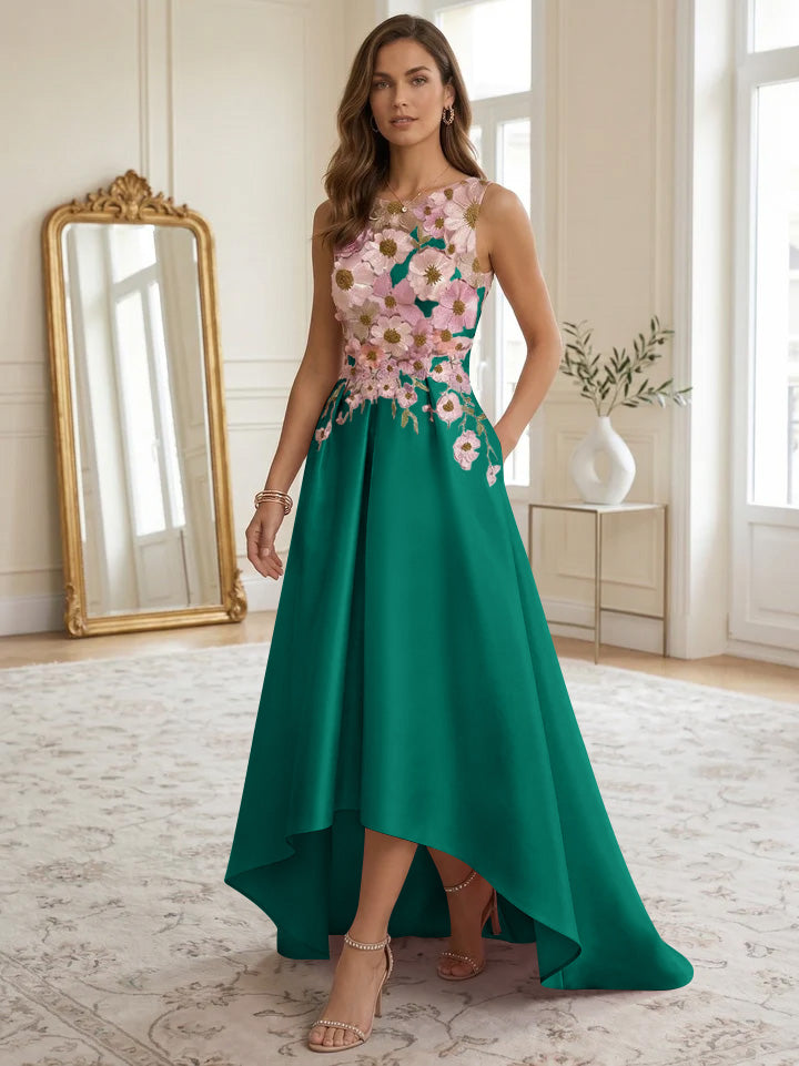 A-Line/Princess Scoop Satin Cocktail Dresses Asymmetrical Floor-Length Sleeveless Floral Lace Embroidery Formal Dresses