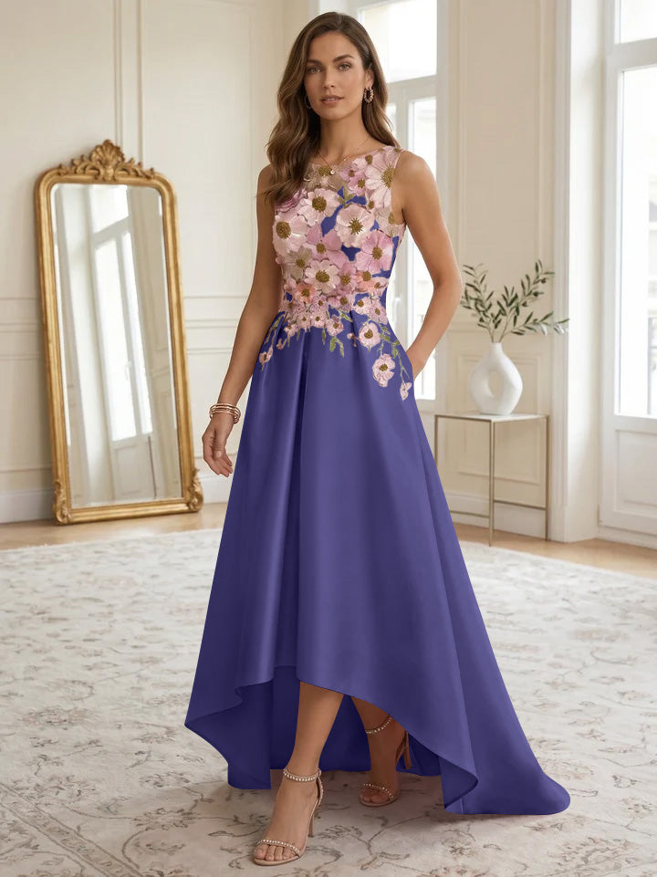 A-Line/Princess Scoop Satin Cocktail Dresses Asymmetrical Floor-Length Sleeveless Floral Lace Embroidery Formal Dresses