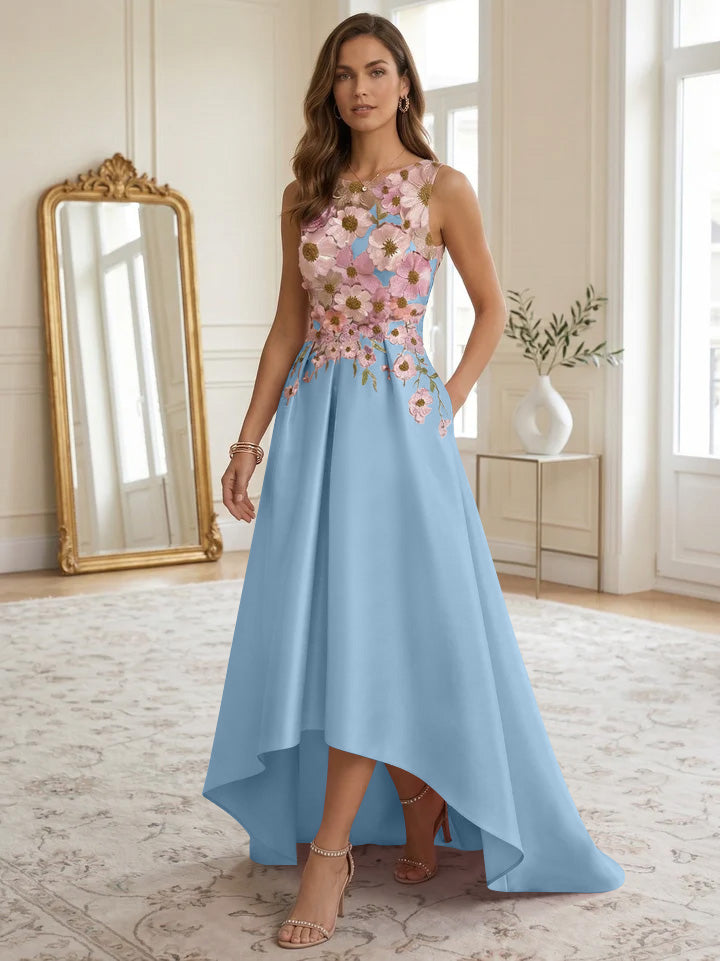 A-Line/Princess Scoop Satin Cocktail Dresses Asymmetrical Floor-Length Sleeveless Floral Lace Embroidery Formal Dresses