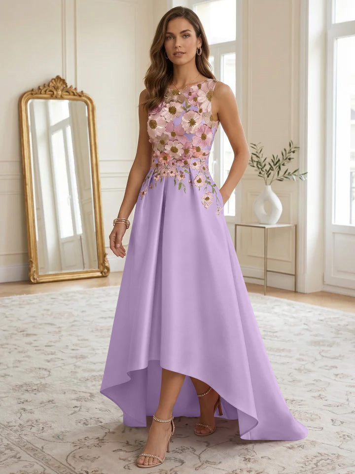 A-Line/Princess Scoop Satin Cocktail Dresses Asymmetrical Floor-Length Sleeveless Floral Lace Embroidery Formal Dresses