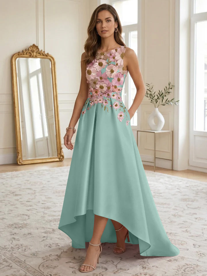 A-Line/Princess Scoop Satin Cocktail Dresses Asymmetrical Floor-Length Sleeveless Floral Lace Embroidery Formal Dresses