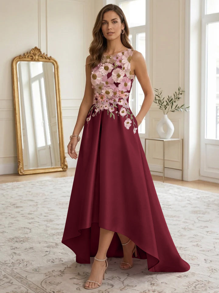 A-Line/Princess Scoop Satin Cocktail Dresses Asymmetrical Floor-Length Sleeveless Floral Lace Embroidery Formal Dresses