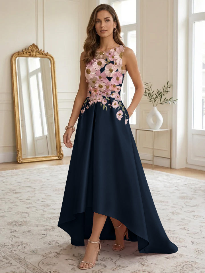 A-Line/Princess Scoop Satin Cocktail Dresses Asymmetrical Floor-Length Sleeveless Floral Lace Embroidery Formal Dresses