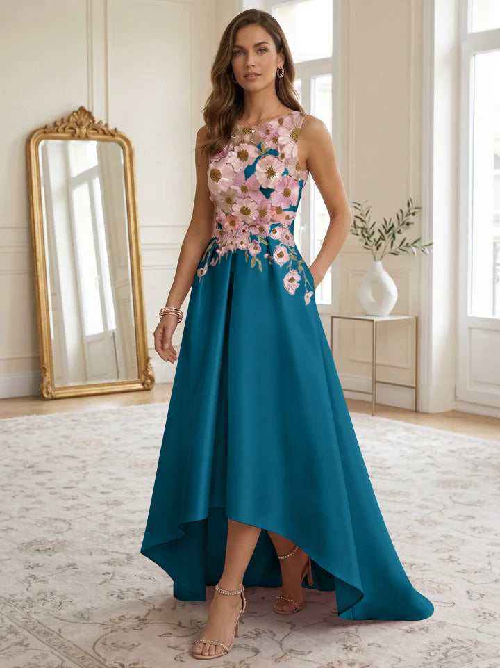 A-Line/Princess Scoop Satin Cocktail Dresses Asymmetrical Floor-Length Sleeveless Floral Lace Embroidery Formal Dresses