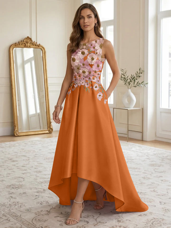 A-Line/Princess Scoop Satin Cocktail Dresses Asymmetrical Floor-Length Sleeveless Floral Lace Embroidery Formal Dresses
