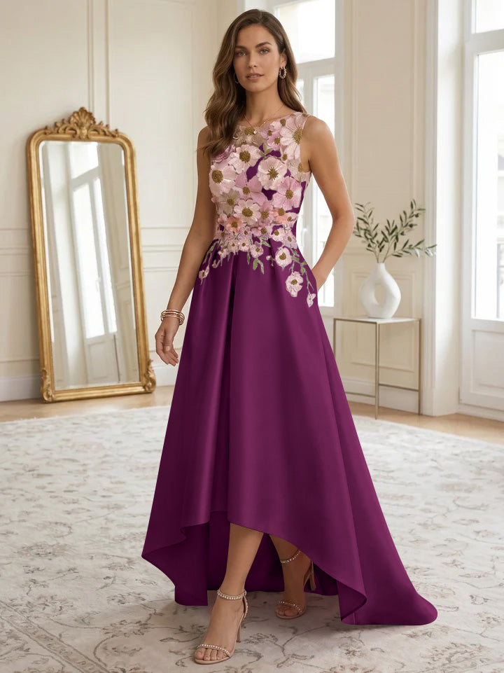 A-Line/Princess Scoop Satin Cocktail Dresses Asymmetrical Floor-Length Sleeveless Floral Lace Embroidery Formal Dresses