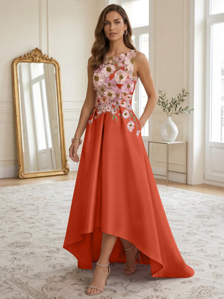 A-Line/Princess Scoop Satin Cocktail Dresses Asymmetrical Floor-Length Sleeveless Floral Lace Embroidery Formal Dresses