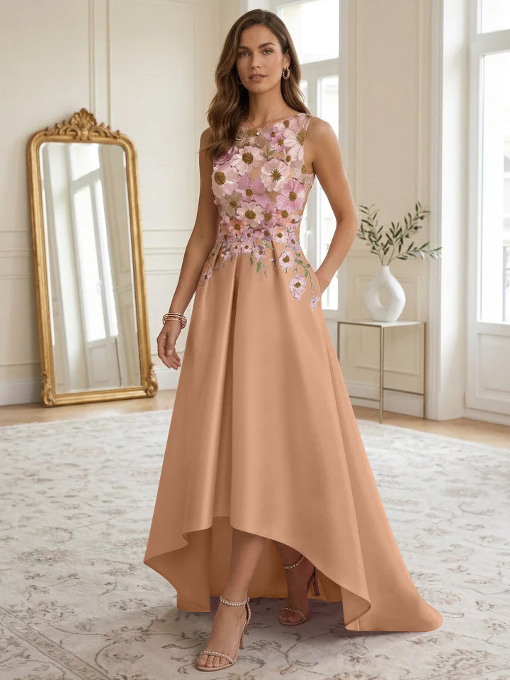 A-Line/Princess Scoop Satin Cocktail Dresses Asymmetrical Floor-Length Sleeveless Floral Lace Embroidery Formal Dresses