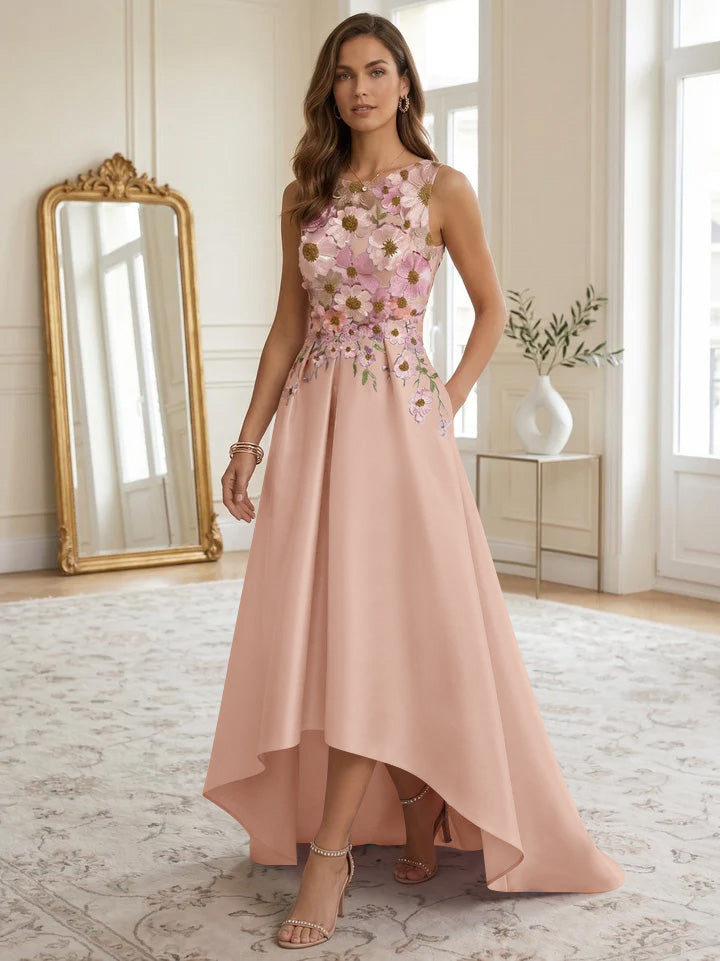 A-Line/Princess Scoop Satin Cocktail Dresses Asymmetrical Floor-Length Sleeveless Floral Lace Embroidery Formal Dresses