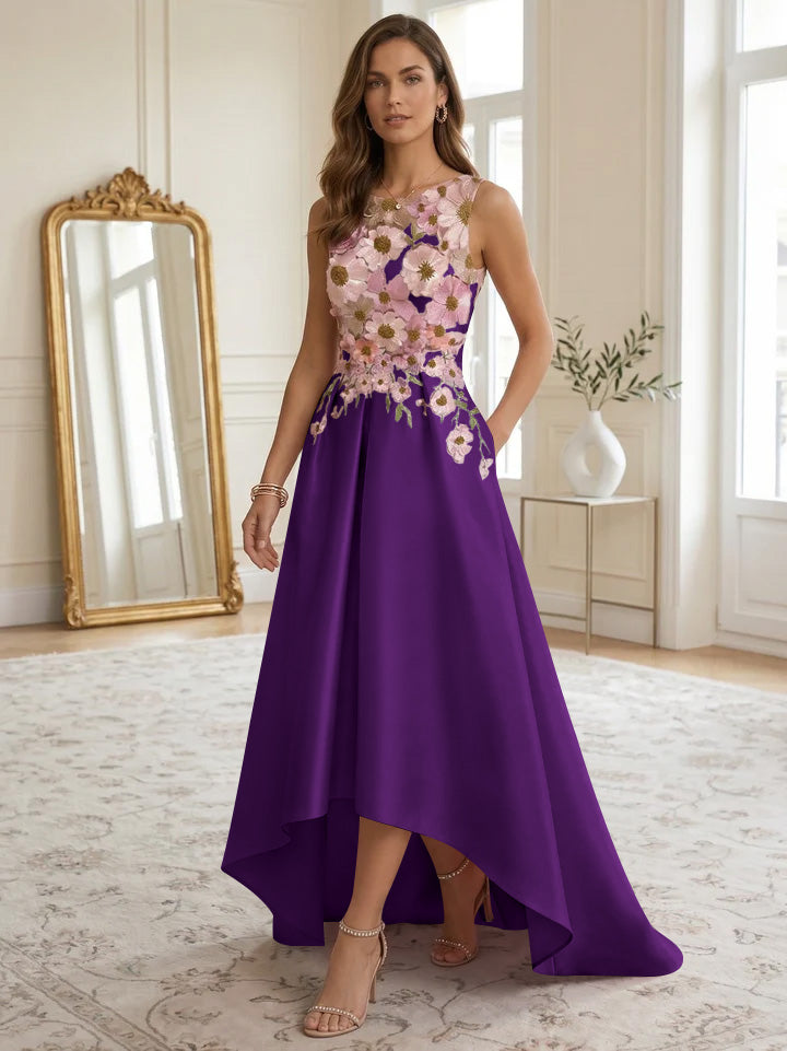 A-Line/Princess Scoop Satin Cocktail Dresses Asymmetrical Floor-Length Sleeveless Floral Lace Embroidery Formal Dresses