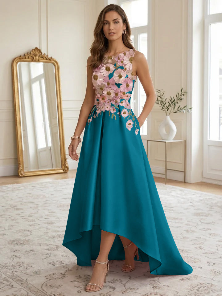 A-Line/Princess Scoop Satin Cocktail Dresses Asymmetrical Floor-Length Sleeveless Floral Lace Embroidery Formal Dresses