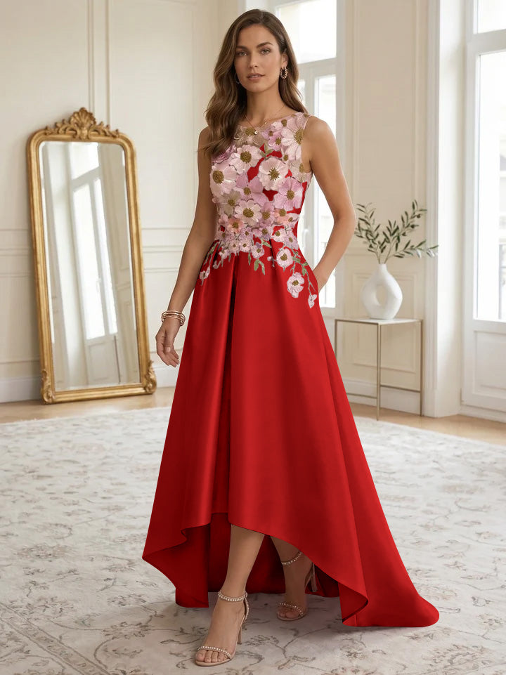 A-Line/Princess Scoop Satin Cocktail Dresses Asymmetrical Floor-Length Sleeveless Floral Lace Embroidery Formal Dresses