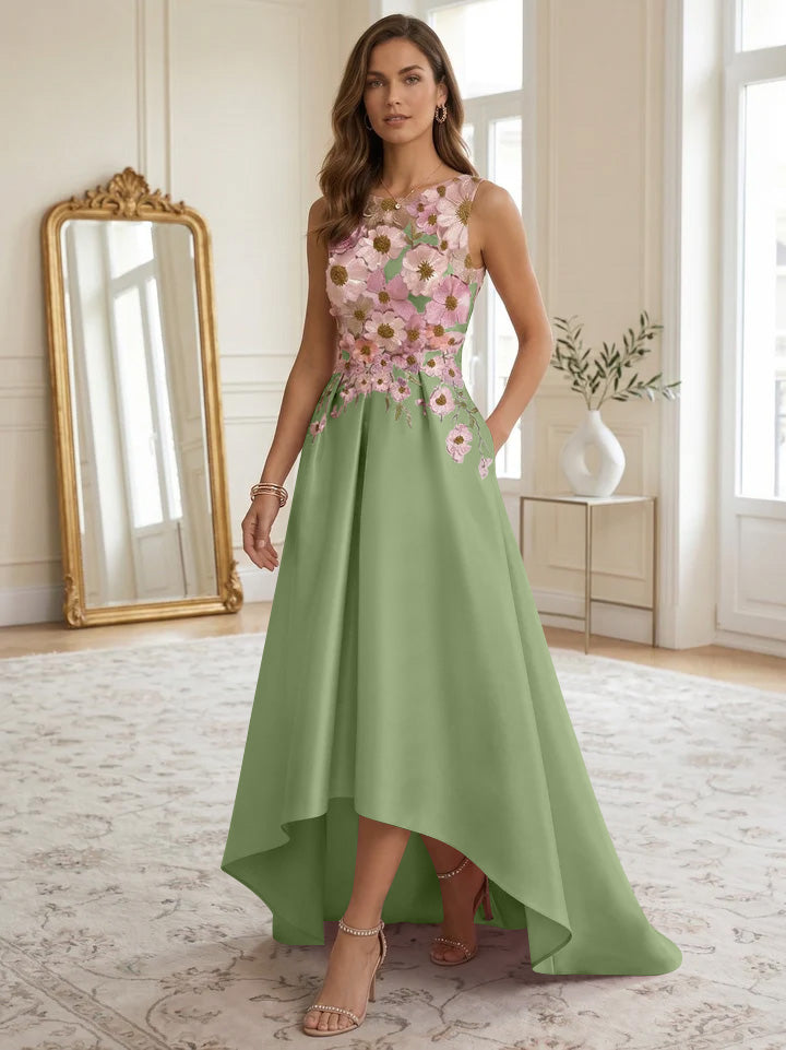 A-Line/Princess Scoop Satin Cocktail Dresses Asymmetrical Floor-Length Sleeveless Floral Lace Embroidery Formal Dresses