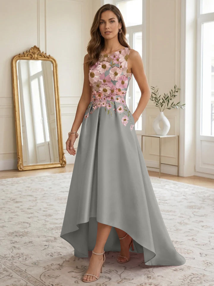 A-Line/Princess Scoop Satin Cocktail Dresses Asymmetrical Floor-Length Sleeveless Floral Lace Embroidery Formal Dresses