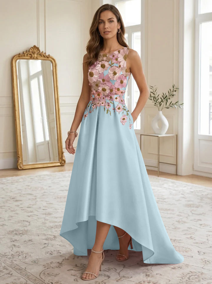 A-Line/Princess Scoop Satin Cocktail Dresses Asymmetrical Floor-Length Sleeveless Floral Lace Embroidery Formal Dresses