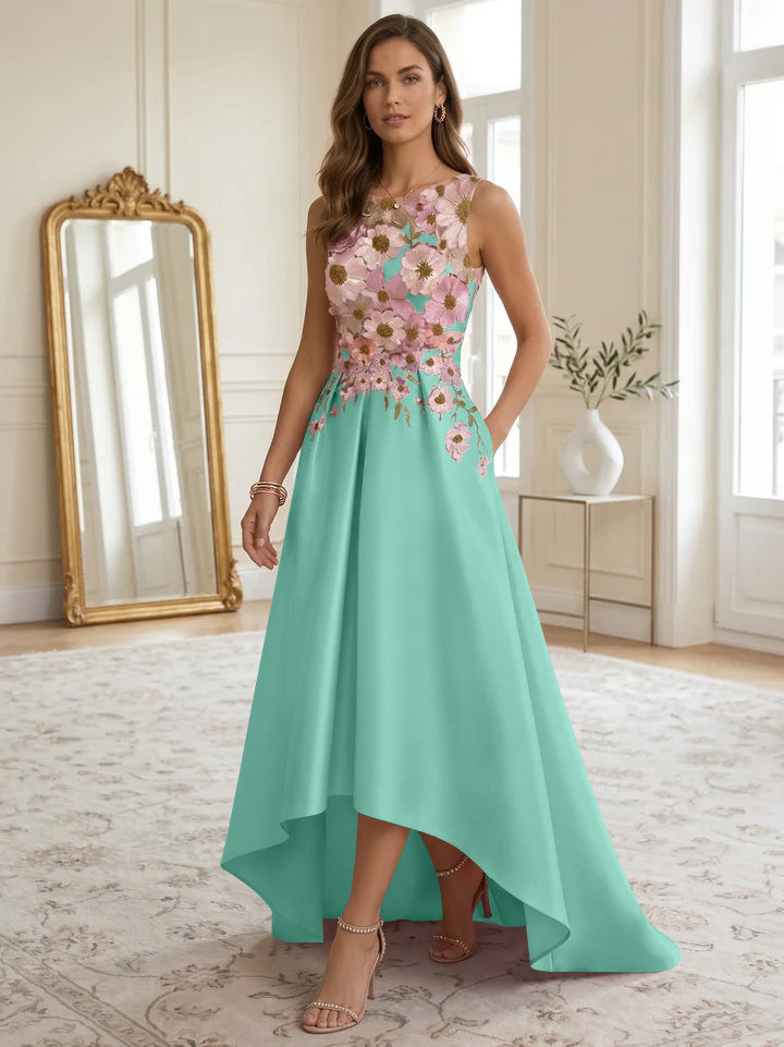 A-Line/Princess Scoop Satin Cocktail Dresses Asymmetrical Floor-Length Sleeveless Floral Lace Embroidery Formal Dresses