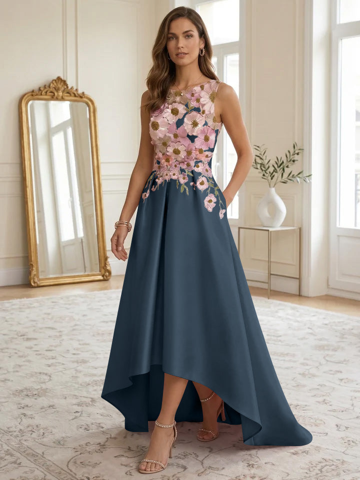 A-Line/Princess Scoop Satin Cocktail Dresses Asymmetrical Floor-Length Sleeveless Floral Lace Embroidery Formal Dresses