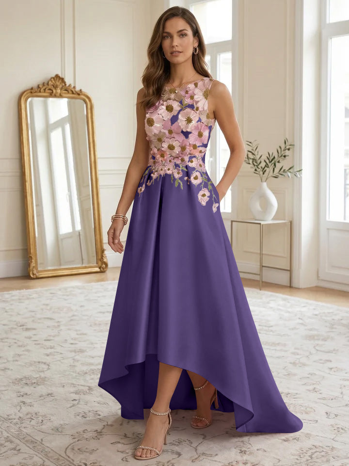A-Line/Princess Scoop Satin Cocktail Dresses Asymmetrical Floor-Length Sleeveless Floral Lace Embroidery Formal Dresses