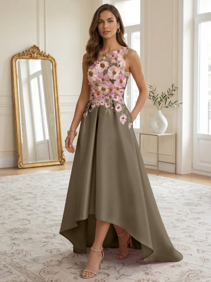 A-Line/Princess Scoop Satin Cocktail Dresses Asymmetrical Floor-Length Sleeveless Floral Lace Embroidery Formal Dresses