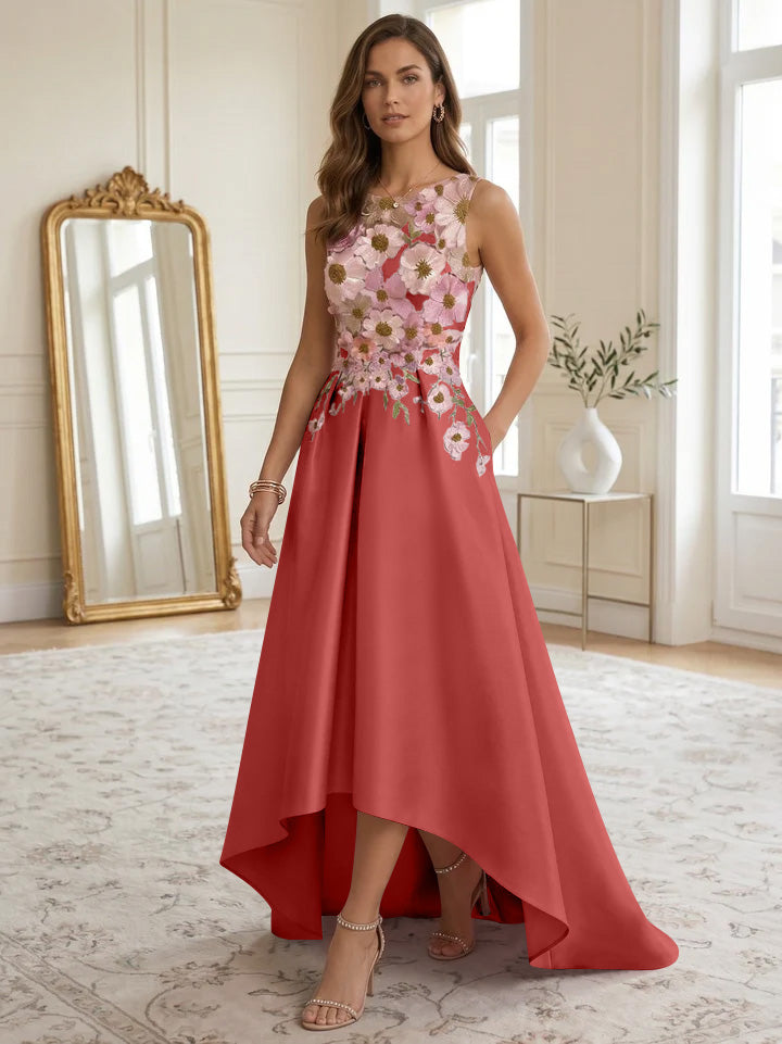 A-Line/Princess Scoop Satin Cocktail Dresses Asymmetrical Floor-Length Sleeveless Floral Lace Embroidery Formal Dresses