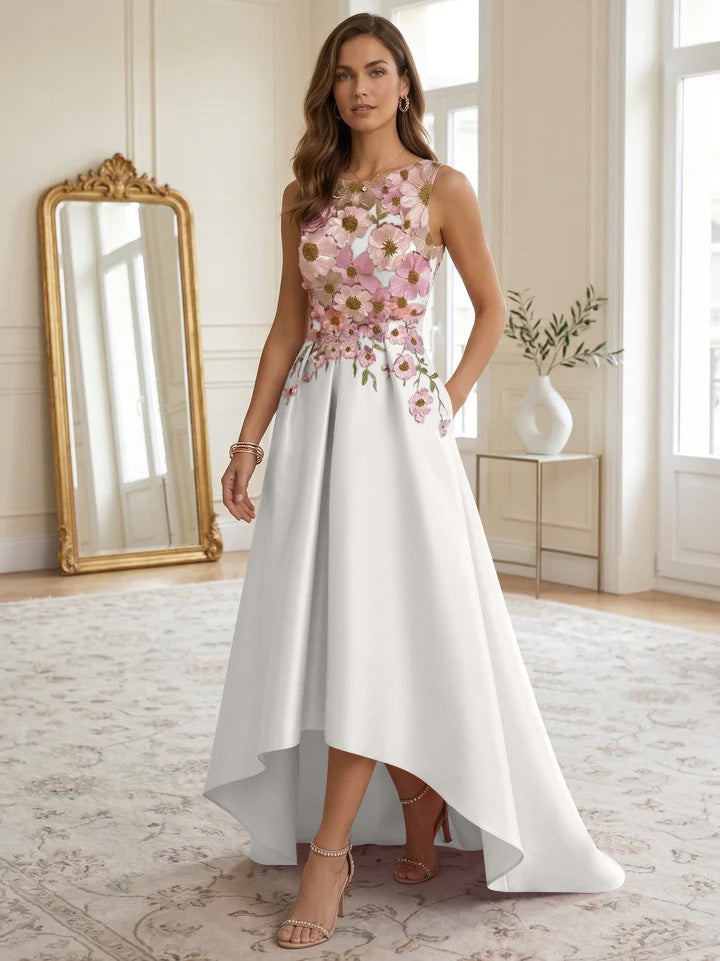 A-Line/Princess Scoop Satin Cocktail Dresses Asymmetrical Floor-Length Sleeveless Floral Lace Embroidery Formal Dresses