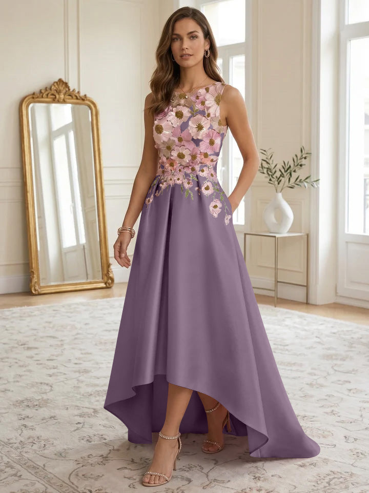 A-Line/Princess Scoop Satin Cocktail Dresses Asymmetrical Floor-Length Sleeveless Floral Lace Embroidery Formal Dresses