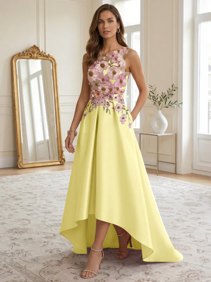 A-Line/Princess Scoop Satin Cocktail Dresses Asymmetrical Floor-Length Sleeveless Floral Lace Embroidery Formal Dresses