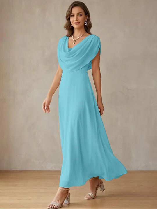 A-Line/Princess Cowl Neck Chiffon Cocktail Dresses Little White Dresses Ankle-Length Sleeveless Graduation Dress Blue