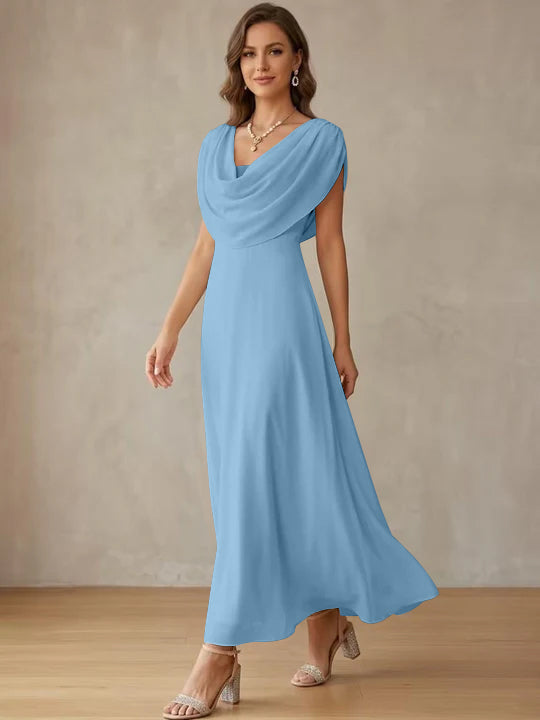 A-Line/Princess Cowl Neck Chiffon Cocktail Dresses Little White Dresses Ankle-Length Sleeveless Graduation Dress