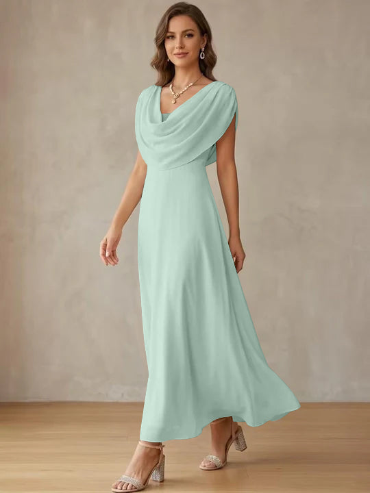 A-Line/Princess Cowl Neck Chiffon Cocktail Dresses Little White Dresses Ankle-Length Sleeveless Graduation Dress