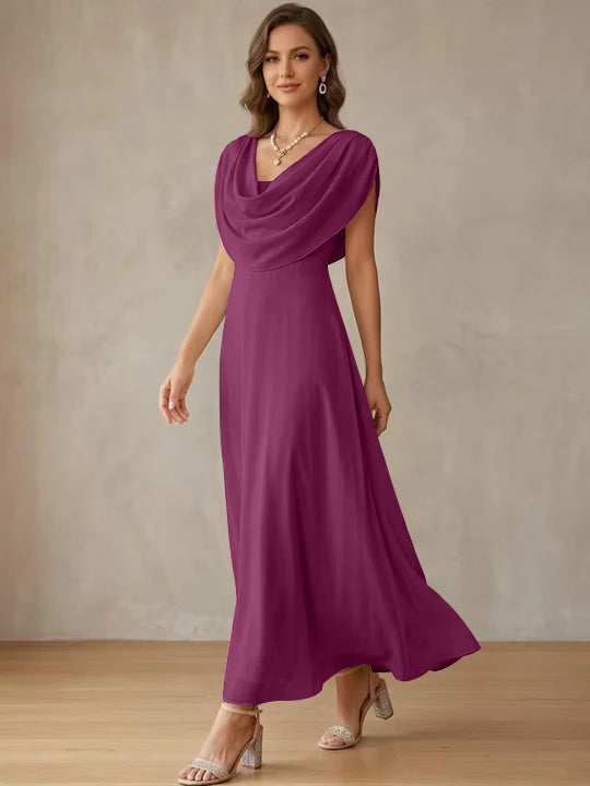 A-Line/Princess Cowl Neck Chiffon Cocktail Dresses Little White Dresses Ankle-Length Sleeveless Graduation Dress